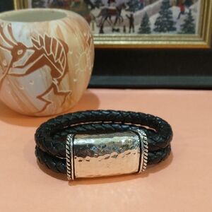 Black Braided Leather Bracelet with Hammered Silver Accent